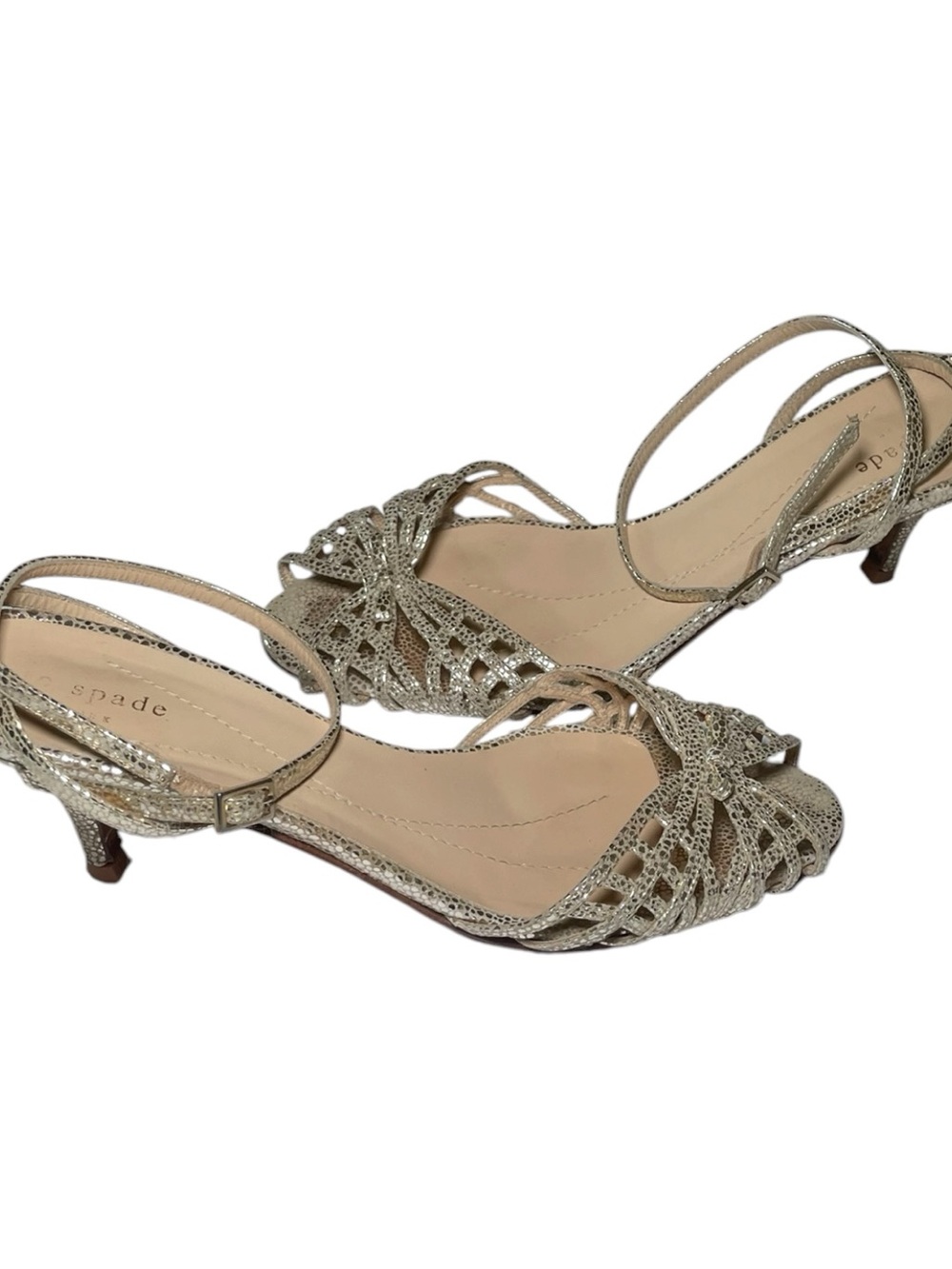 Vintage Kate Spade New York “Essence” Gold Leather Kitten Heel Sandals | 7.5